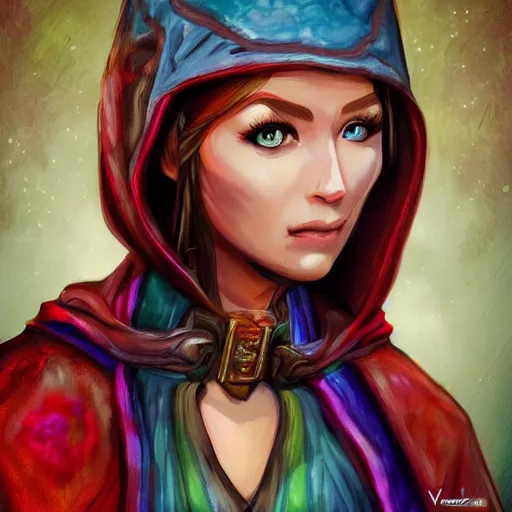 Image similar to portrait of female adventurer, with a cloak, detailed, colorful, Aleriia_V, art station, deviant art, rpg portrait, realistic