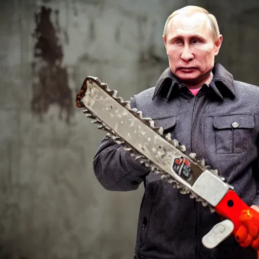 Image similar to putin with a chainsaw. in a concrete bunker with a pile of corpses. focus on putins face with blood splatters. canon eos r 3, f / 1. 4, iso 1 6 0 0, 1 / 8 0 s, 8 k, raw, grainy