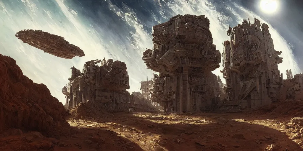 Image similar to supernova, neo brutalism buildings in space, elephantine extraterrestrial space station, aqueducts on mars, ruins on mars, painted by ruan jia, raymond swanland, lawrence alma tadema, zdzislaw beksinski, norman rockwell, jack kirby, tom lovell, alex malveda, greg staples