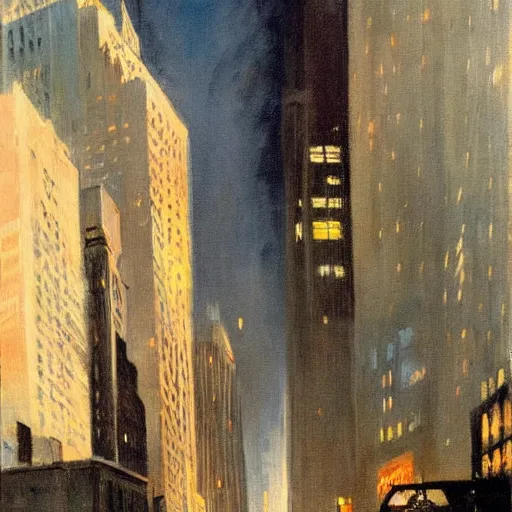 Prompt: frazetta portrait painting of wall street , nighttime ,daytime , backlight , detailed visible brushmarks