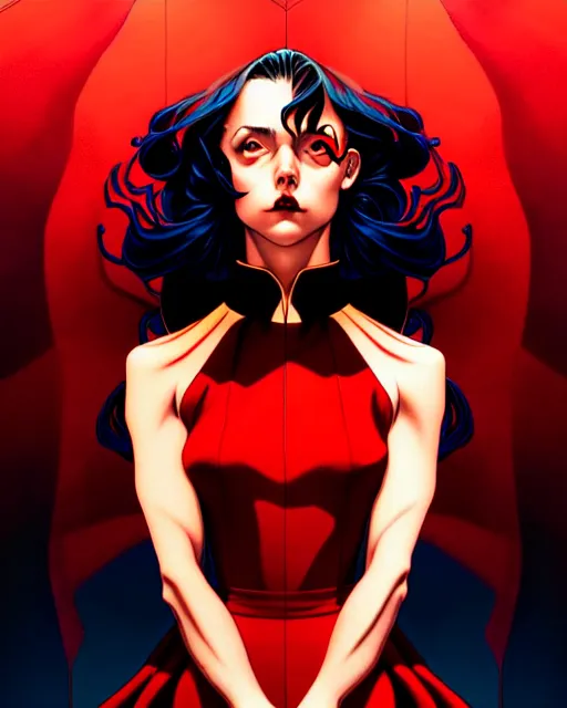 Image similar to artgerm, joshua middleton comic cover art, joanne calderwood, red dress, symmetrical eyes, symmetrical face, long curly black hair, dark castle background background, cinematic lighting