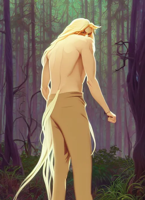 Prompt: slender young man with long blond hair, from behind, wearing wizard robes, lost in a forest, natural lighting, path traced, highly detailed, high quality, digital painting, by don bluth and ross tran and studio ghibli and alphonse mucha, artgerm