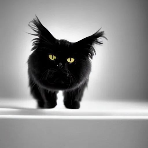 Image similar to national geographic photograph of a black american longhair cat sitting in a white room