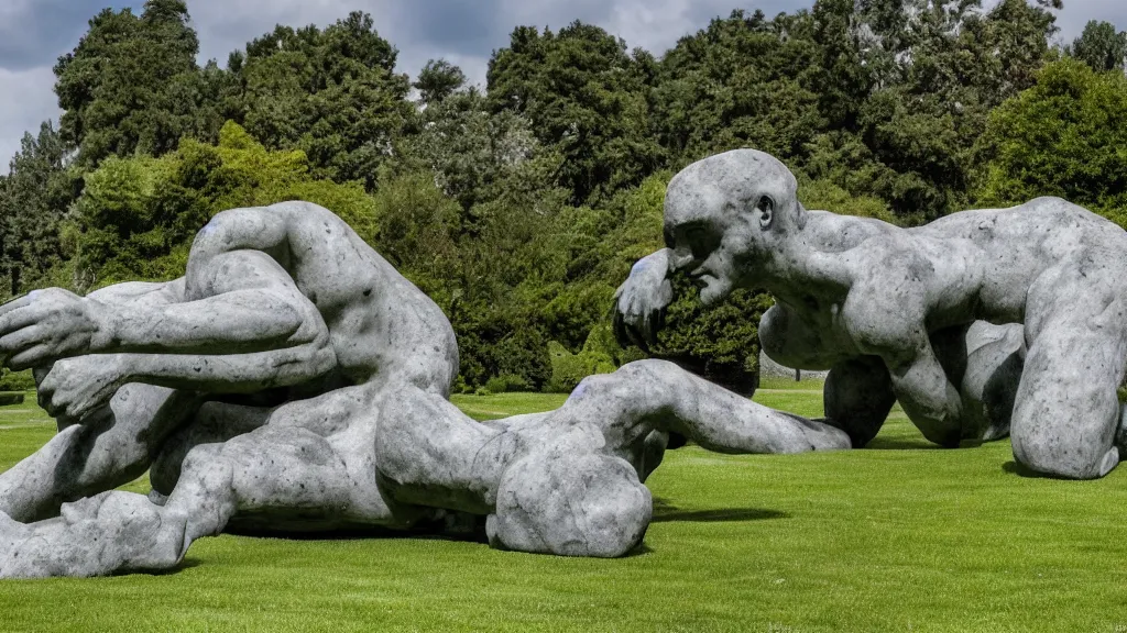 Prompt: a colossal impossible granite sculpture garden by michelangelo and henry moore and david cerny, on a green lawn, distant mountains, 8 k, dslr camera, whose mothers live between an easy life and a memory to be, award winning