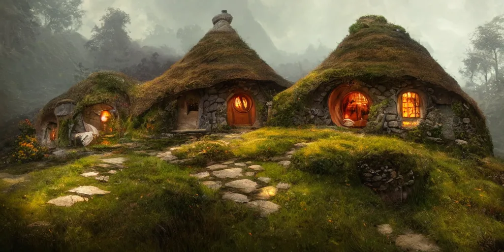 Prompt: a hobbit cottage on top of a steep hill, greg rutkowski, zabrocki, moebius, karlkka, jayison devadas, trending on artstation, 8 k, ultra wide angle, zenith view, pincushion lens effect