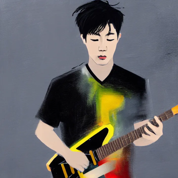 Image similar to large diagonal brush strokes, abstract dark painting of a young korean male musician wearing stylish black v neck t shirt holding a telecaster!!! electric guitar!!, thick flowing dramatic brush strokes, dark matte colors, abstract, impressionist, motion, trending on artstation