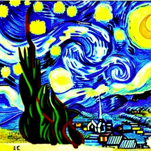 Prompt: van goh a starry night. kittens staring at the moon van goh