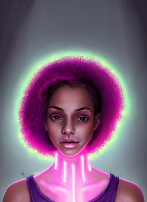 Image similar to portrait of teenage vanessa morgan with bright pink hair, black girl, curly pixie cut hair, wearing a purple breton cap, breton cap, hoop earrings, intricate, elegant, glowing lights, highly detailed, digital painting, artstation, concept art, smooth, sharp focus, illustration, art by wlop, mars ravelo and greg rutkowski