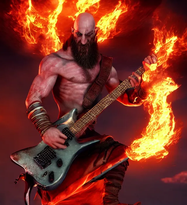 Prompt: rocking kratos shredding on a flaming stratocaster guitar, cinematic render, god of war 2 0 1 8, santa monica studio official media, lightning, stripe over eye