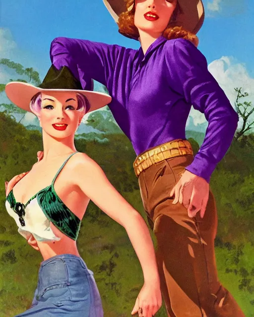 Prompt: Ril Mayer wearing purple snakeskin cowhide motif and oversized cowboy hat promotes Uncle Aloysius brand bottled bull run stimulant tonic SNAKE OIL standing in front of green screen backdrop, art by gil Elvgren and Ilya kuvshinov