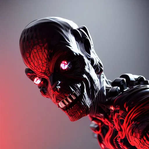 Image similar to 3D model of an evil cyborg, black and red theme, octane render, studio lighting, trending on artstation, highly detailed, specular, high quality, product photography, depth of field