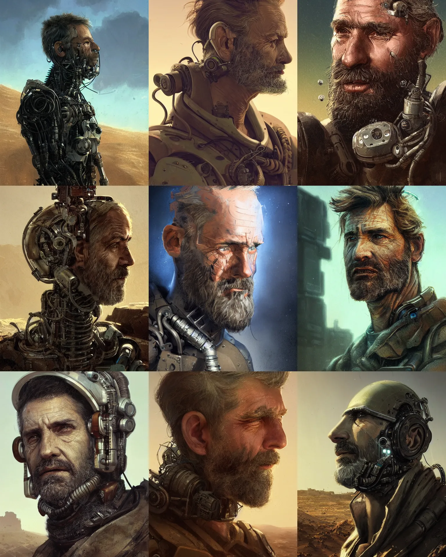 Prompt: a rugged middle aged engineer man with cybernetic enhancements and special hair lost in the desert, scifi character portrait by greg rutkowski, esuthio, craig mullins, short beard, green eyes, 1 / 4 headshot, cinematic lighting, dystopian scifi gear, gloomy, profile picture, mechanical, half robot, implants, steampunk