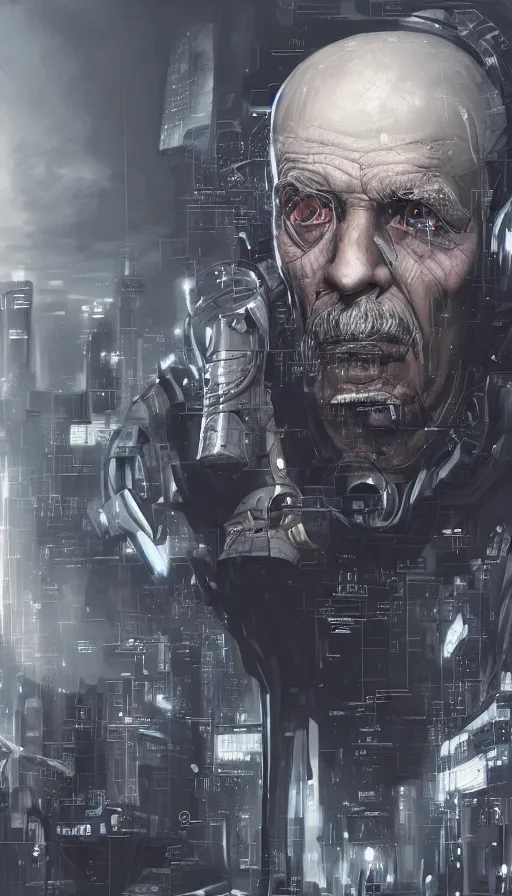 Prompt: ultra realistic illustration of an old man cyborg, cyberpunk, sci-fi fantasy