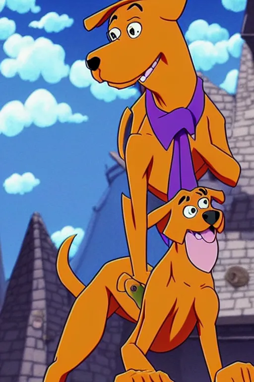 Image similar to scooby doo in anime art full body portrait character concept art, anime key visual of brown dog with blue collar, finely detailed, in a dark haunted mansion, trending on pixiv fanbox, studio ghibli, extremely high quality artwork