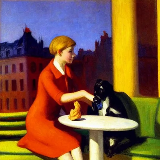 Image similar to dog eating croissants in paris, by edward hopper