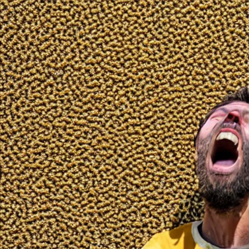 Prompt: man covered in bees, screaming and flailing