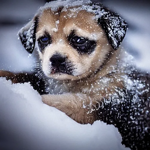 Prompt: Up close Photorealistic photograph of a cute puppy in snow, photorealism, photorealistic, realism, real, highly detailed, ultra detailed, detailed, shutter speed 1/1000, Canon EOS 90D, up-close, Wildlife Photographer of the Year, Pulitzer Prize for Photography, 8k