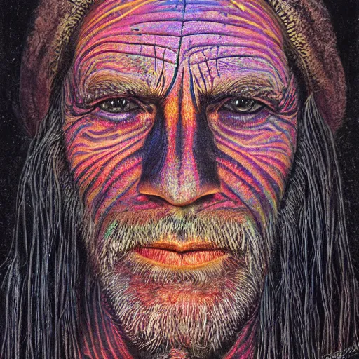 Prompt: dark portrait of one Bioluminescent old shaman, with cracked reaction diffusion semi-transparent skin. multicolored fish scales, closeup. long dark hair with insects. realistic. intricate, very detailed, by alex grey and Moebius