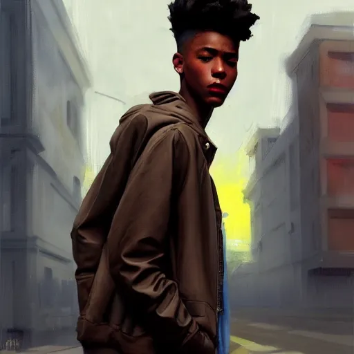 Image similar to Greg Manchess portrait painting of an afropunk male teenager 16 years old character, medium shot, athletic, asymmetrical, profile picture, Organic Painting, rainy and dramatic street light, matte painting, bold shapes, hard edges, street art, trending on artstation, by Huang Guangjian and Gil Elvgren and Sachin Teng