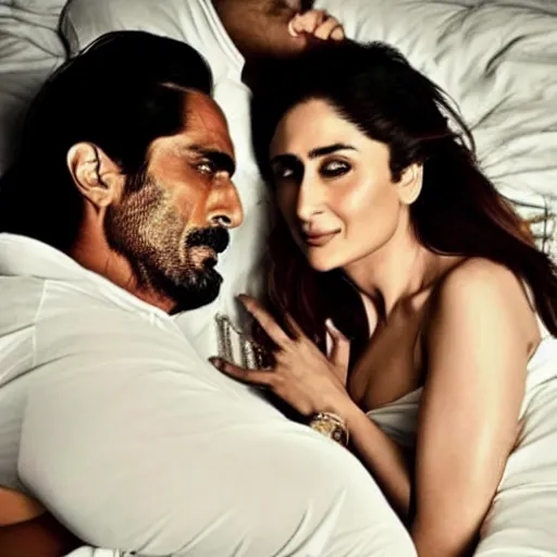 Image similar to kareena kapoor with arjun rampal in the bed, au naturel, hyper detailed, photographic, cinematic lighting, studio quality.