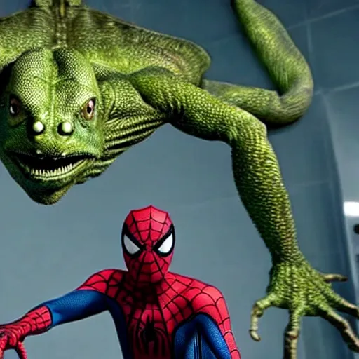 Prompt: Ultra Realistic, movie scene, 4K, Sam Raimi Spider-Man played by Tobey Maguire fighting a large green Lizard monster wearing a lab coat