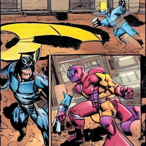 Image similar to Xmen Cyclop and Wolverine fighting versus Sentinels robot in New York, Moebius style