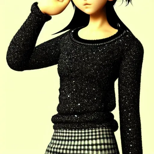 Image similar to beautifully pretty surfer girl, 2 2 years old, black sweater, grey checkered skirt, very cute features, glittery short black hair, blue eyes, universal volumetric lighting, soft glow, by range murata, highly detailed intricately sharp focus, trending on pinterest, unreal engine 5 4 k uhd image