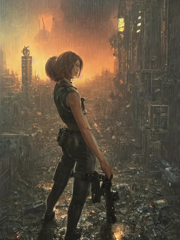 Prompt: alice from Resident Evil fight with zombies army in the wreckage city in the rain,by Tim Hildebrandt ,James Paick,Ted Nasmith, peter gric,Hugh Ferriss,trending on artstation,8k,Blade Runner 2049,ultra realistic,high detail,golden ratio,cinematic lighting,maximalist