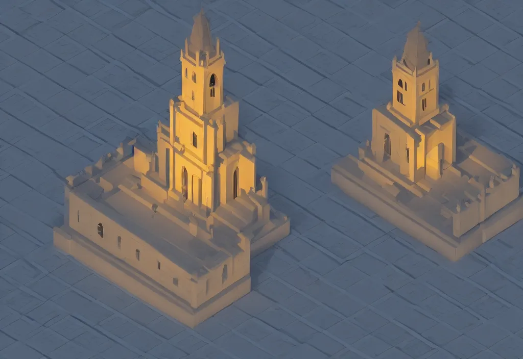 Image similar to isometric church magicavoxel cinematic lighting, 4k