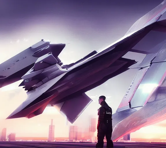 Image similar to fighter pilot stands beside futuristic sci fi fighter jet grounded at runway of cyberpunk city ,dark cinematic lighting , digital concept art