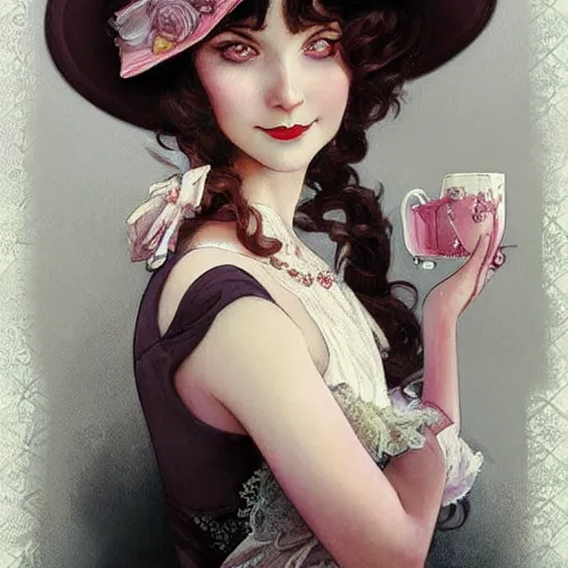 Prompt: 1920s girl ready for fancy afternoon tea with friends, highly detailed, digital painting, cgsociety, concept art, sharp focus, illustration, art by artgerm and greg rutkowski and alphonse mucha