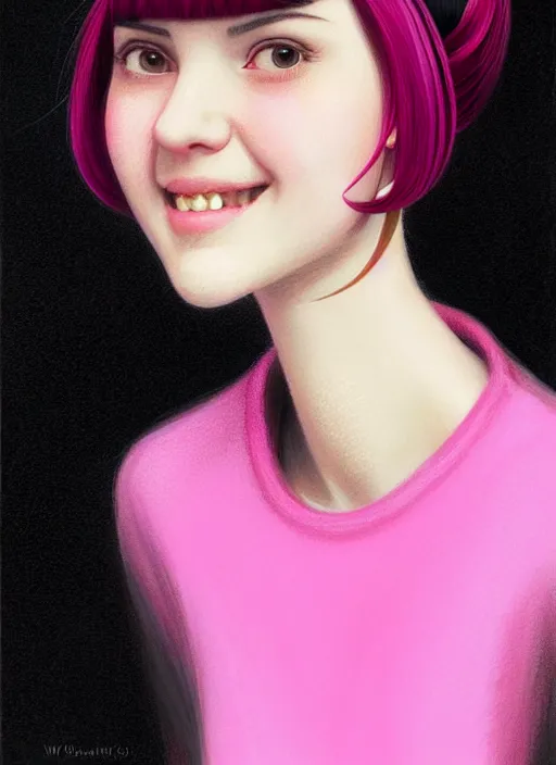 Image similar to portrait of high school girl, realistic, black hair, bangs, half updo hairstyle, pointy nose, skinny, smile, ugly, defined jawline, big chin, pink hair bow, earrings, intricate, elegant, glowing lights, highly detailed, digital painting, artstation, sharp focus, illustration, art by wlop, mars ravelo and greg rutkowski