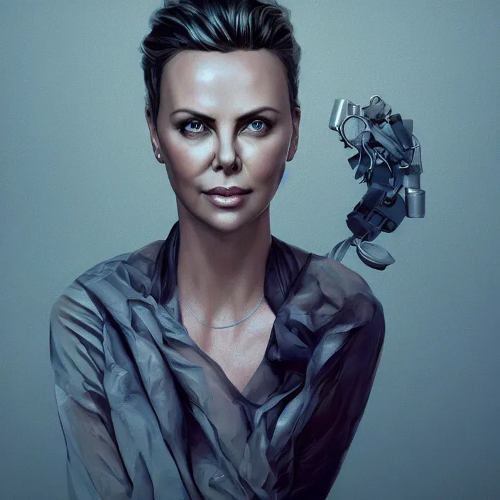 Image similar to portrait of charlize theron as a nurse. intricate abstract. intricate artwork. by tooth wu, wlop, beeple, dan mumford. octane render, trending on artstation, greg rutkowski very coherent symmetrical artwork. cinematic, hyper realism, high detail, octane render, 8 k, iridescent accents