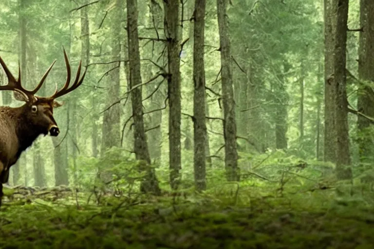 Prompt: vfx movie closeup detailed ancient warrior hunting elk in the forest, natural lighting by emmanuel lubezki