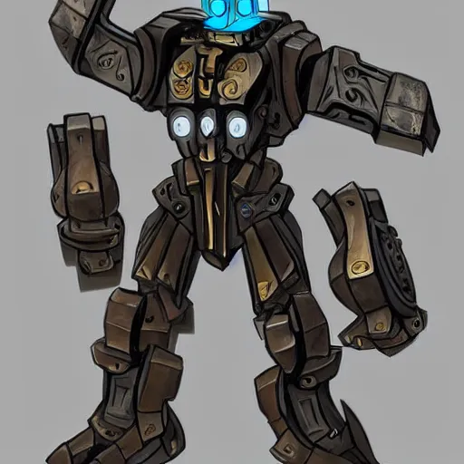 Prompt: A paladin warforged from Dungeons & Dragons looking like the BIONICLE Keetongu from Lego, with one eye and a heavy armor, with eldritch styled tatoos on his arms, art by Gref Farshtey