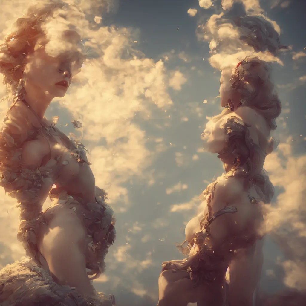 Image similar to beautiful girl in full gown blowing clouds, beautiful portrait, character concept style trending on artstation concept art detailed octane render cinematic photo - realistic 8 k high detailed