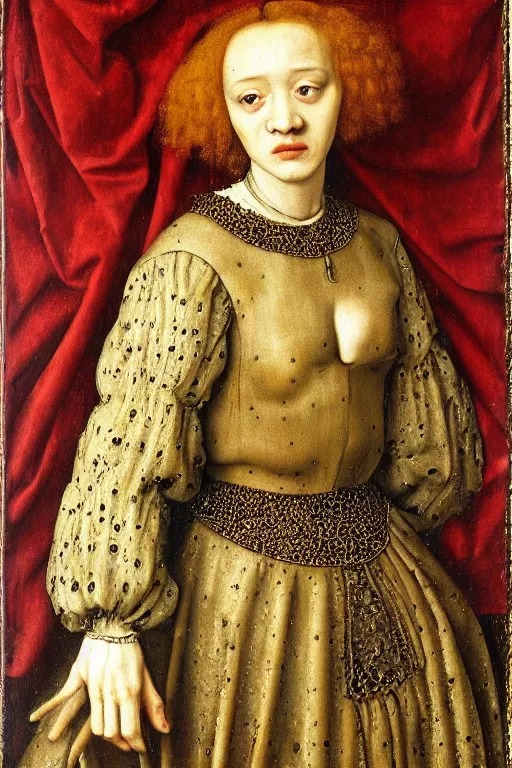 Prompt: portrait of julia garner as delirium of the endless, sandman, oil painting by jan van eyck, northern renaissance art, oil on canvas, wet - on - wet technique, realistic, expressive emotions, intricate textures, illusionistic detail