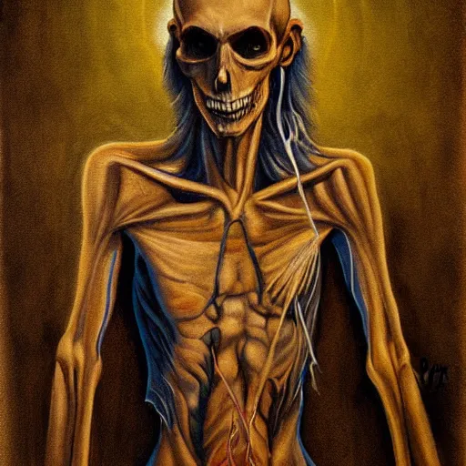 Image similar to death-camp-survivor-super-skinny-emaciated-horribly-skinny-Demon-Haunting painting by Thomas-Montacellinio