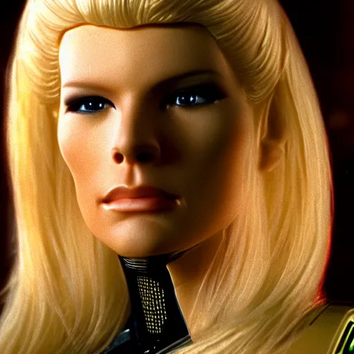 Image similar to very pretty blond borg queen, moody lighting, shallow depth of field, in the style of star trek,