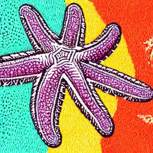 Prompt: illustration of a starfish with maximalist embroidery elements. hd soft natural pastel tones.