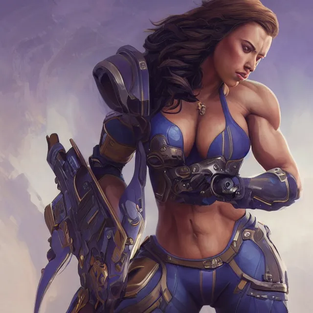 Prompt: detailed portrait of scarlett johansson as a female bodybuilder pharah from overwatch, attractive, beautiful, fantasy, intricate, elegant, highly detailed, digital painting, artstation, concept art, matte, sharp focus, illustration, art by aenaluck, artgerm and roberto ferri and greg rutkowski, epic fantasy, digital painting