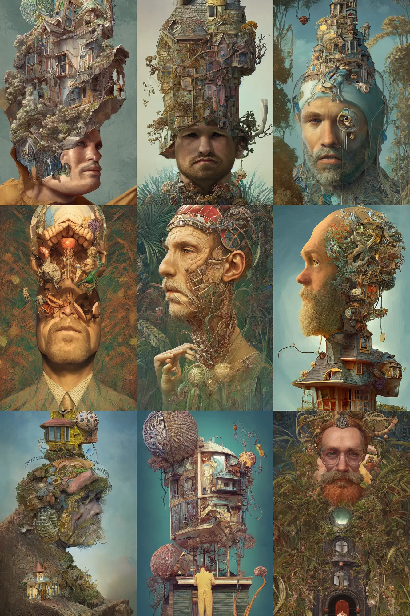 Prompt: A man with a house growing out of the top of the head, art deco design, by Mandy Jurgens and Warhol, Ernst Haeckel, James Jean, artstation, concept art