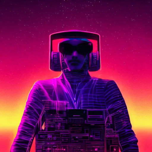 Image similar to realistic man standing in high desert, cyberpunk, digital art, trending on artstation, neon, desert, stars, vaporwave, retrowave, synthpop, 1 9 8 0 s, colorful, glowing, purple