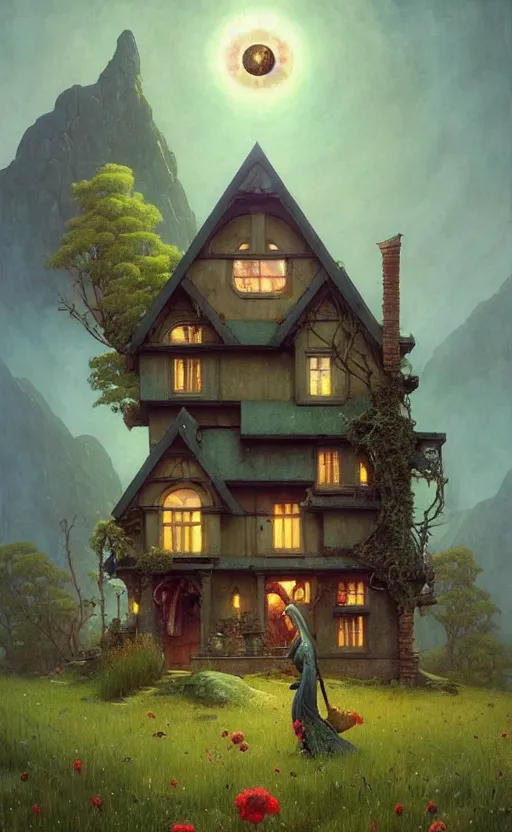 Image similar to a hyper realistic witchy cottage with solar panels on a tall hill, mountains, atmospheric lighting, lush foliage, painting by chiara bautista and tom bagshaw, mucha, beksinski and norman rockwell and greg rutkowski weta studio, and lucasfilm
