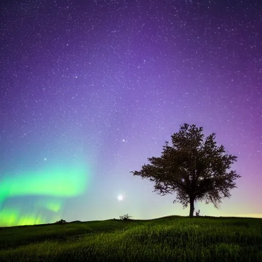 Image similar to beautiful lone tree in the distance on a hill, moonlight, aurora borealis, milky way, landscape photography, hyper-realistic