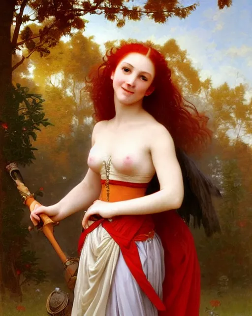 Prompt: fantasy portrait of a happy young women looking with red hair and freckles, slight smile, renaissance colorful dress, leather armor, music instrument in hand, backlit, digital painting by William-Adolphe Bouguereau and and boris vallejo, trending on Artstation, sfw