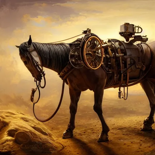 Prompt: portrait of a a mechanical horse being fixed by mechanics workers, digital painting, artstation, concept art, donato giancola, Joseph Christian Leyendecker, WLOP, Boris Vallejo, Breathtaking, 8k resolution, extremely detailed, beautiful, establishing shot, artistic, hyperrealistic, octane render, cinematic lighting, dramatic lighting, masterpiece, light brazen, extremely detailed