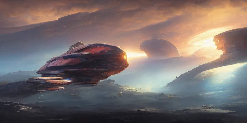 Prompt: a colorful spaceship emerges over the horizon of an alien planet, artwork by darek zabrocki, john howe, dramatic lighting, brushstrokes, paper texture.