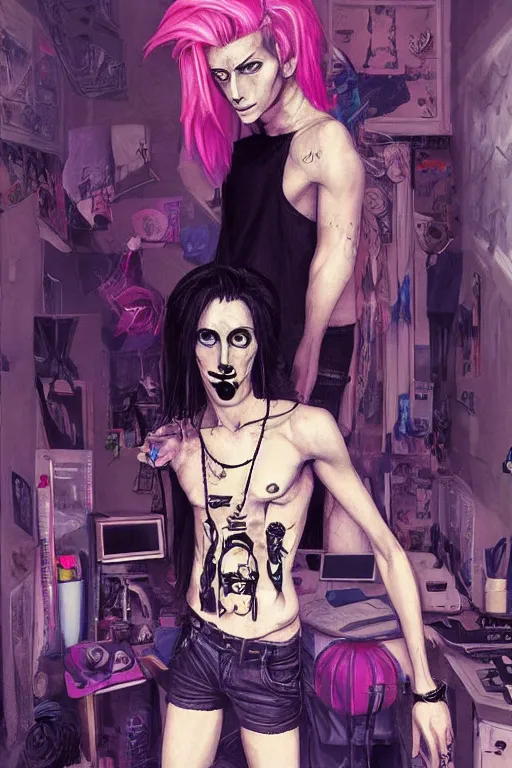 Image similar to a skinny goth guy standing in a cluttered 9 0 s bedroom, full body character concept art, vaporwave colors, digital painting, hd, ultra hd, detailed, award winning, small details, artgerm art, sabas apterus art,