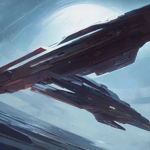 Prompt: concept art of a large spaceship in the shape of an spear traveling thoug the space by greg rutkowski